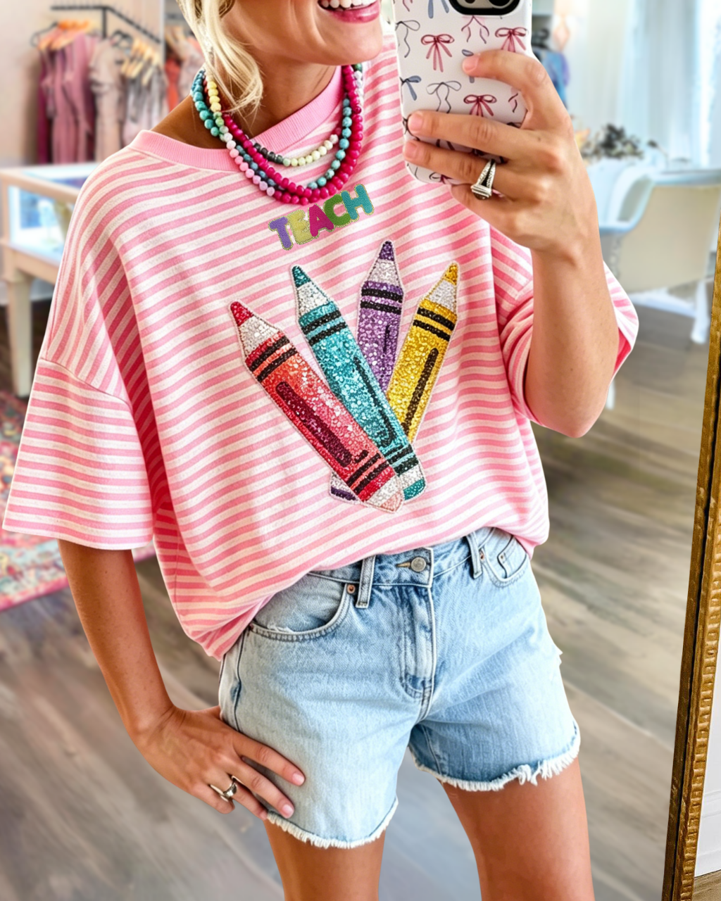 Colorful Crayon Sequin Striped T-shirt