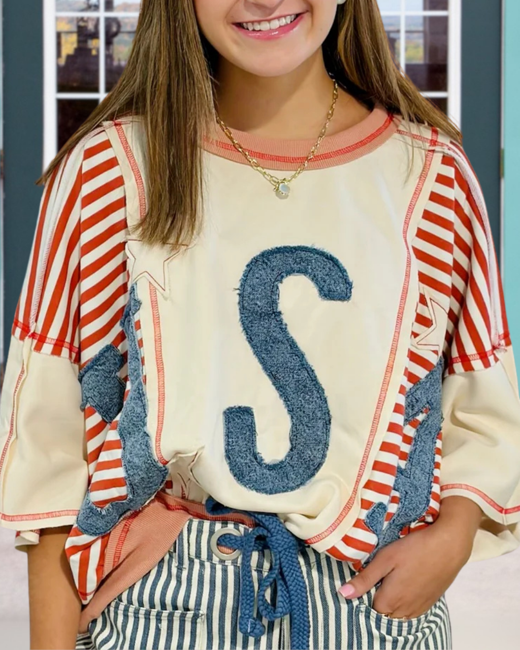 USA Embroidered Patch Striped Top