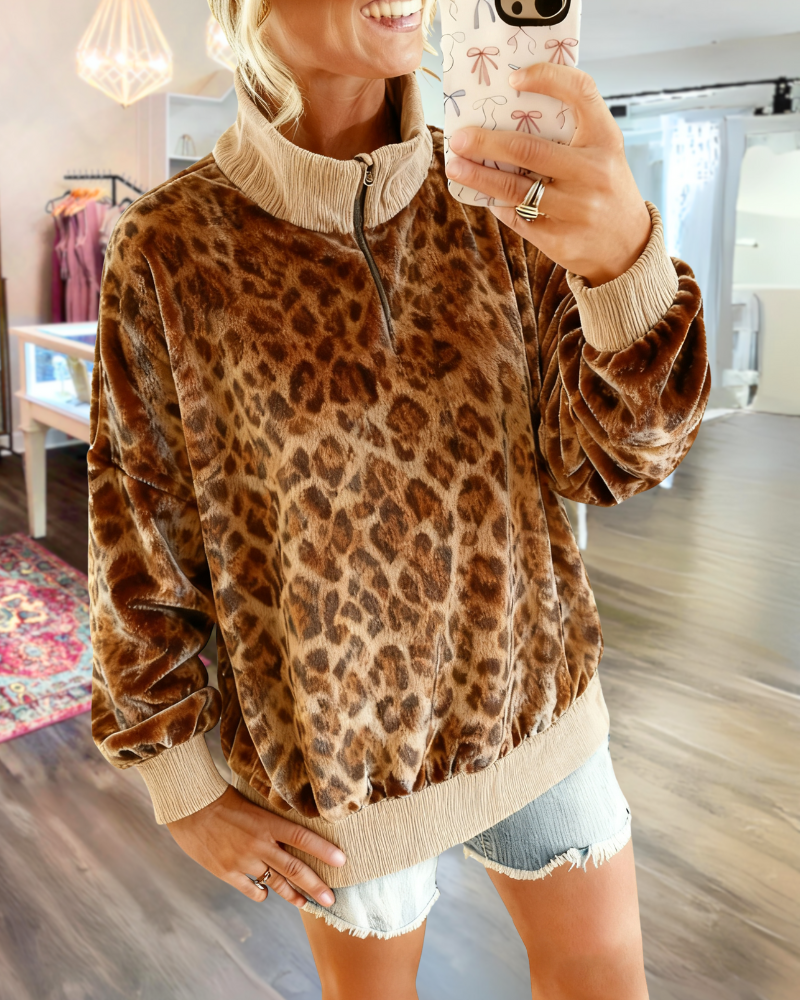 Stylish Leopard Half-zip Pullover