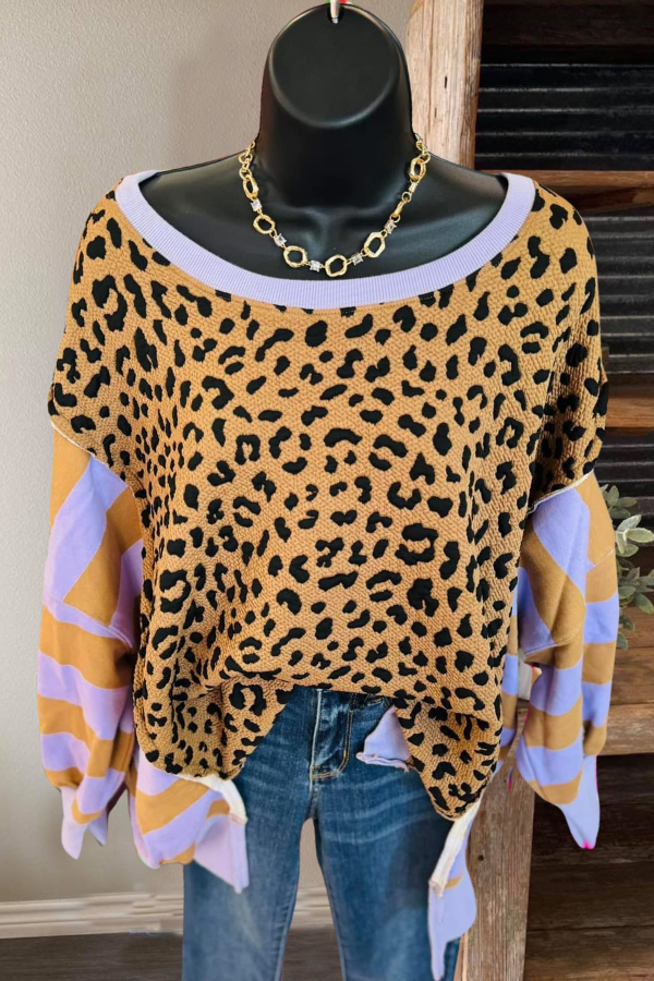 Oversized Leopard Patchwork Striped Pullover