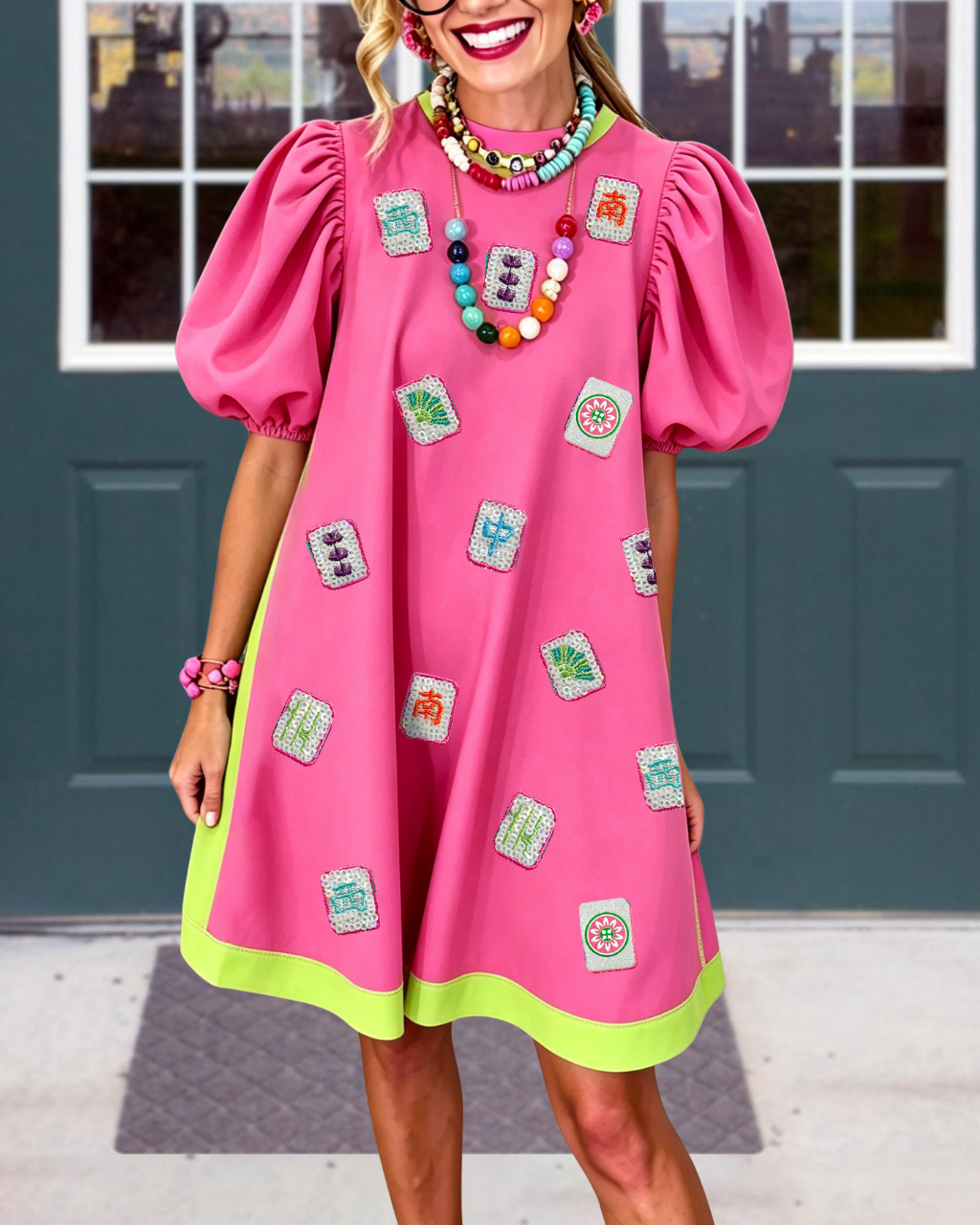 Mahjong Sequin Contrast Trim Dress