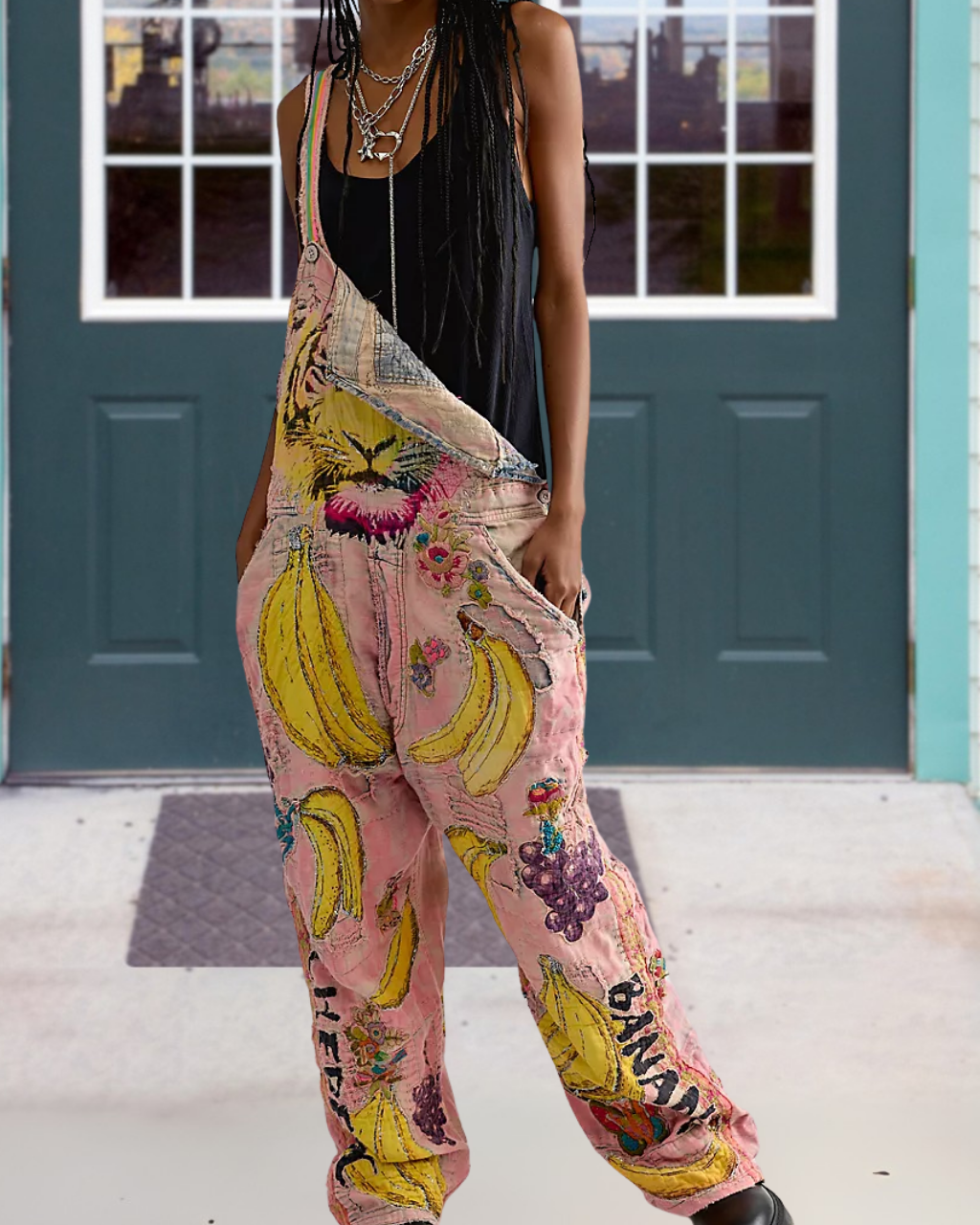 Tiger Floral Distressed Washed Overalls