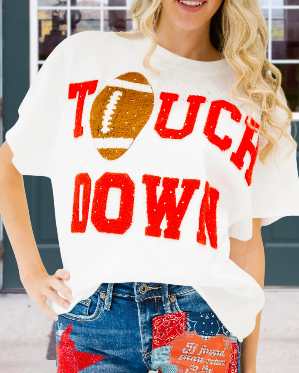 "TOUCH DOWN" Embroidered Rhinestone T-Shirt