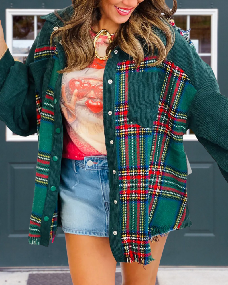 Christmas Themed Plaid Corduroy Jacket