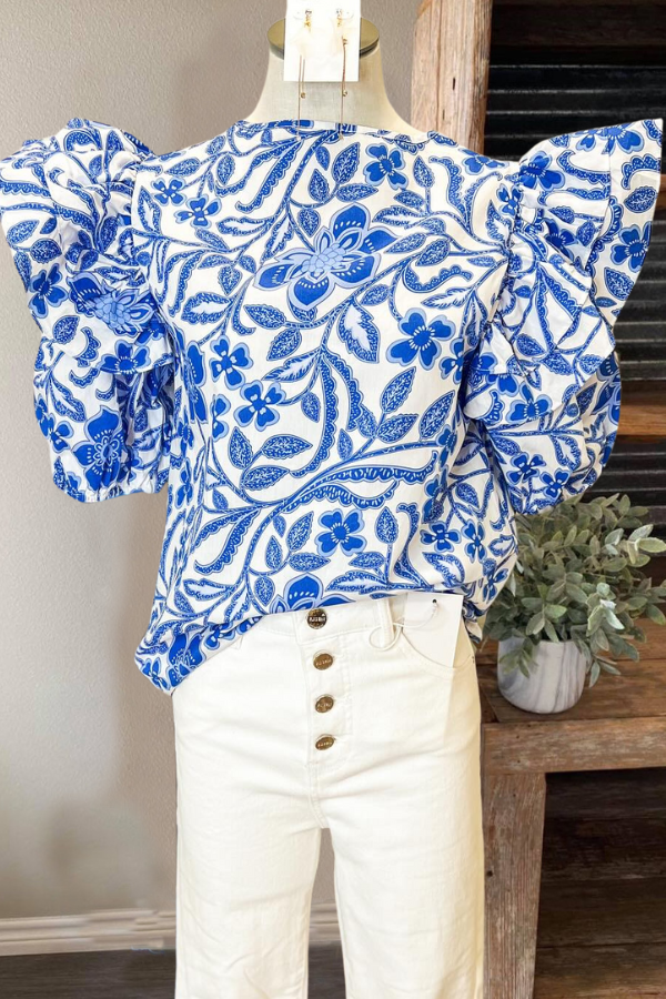 Blue Floral Pattern Blouse