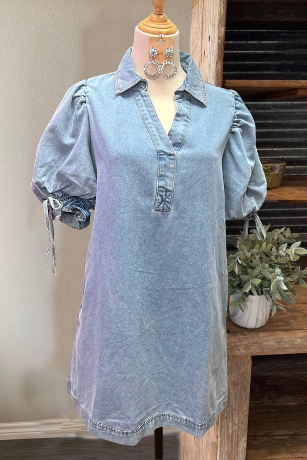 Casual Denim Washed Puff Sleeve Dress