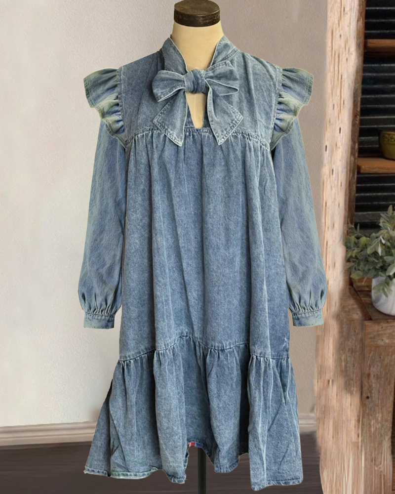 Bow Ruffled Denim Mini Dress
