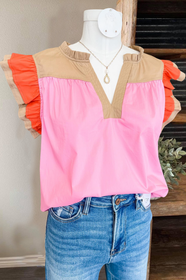 Pink Color Block Placket Top