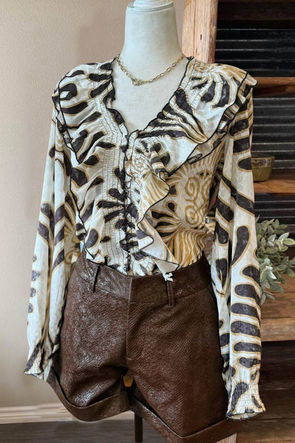 Tiger Print Ruffled Chiffon Blouse