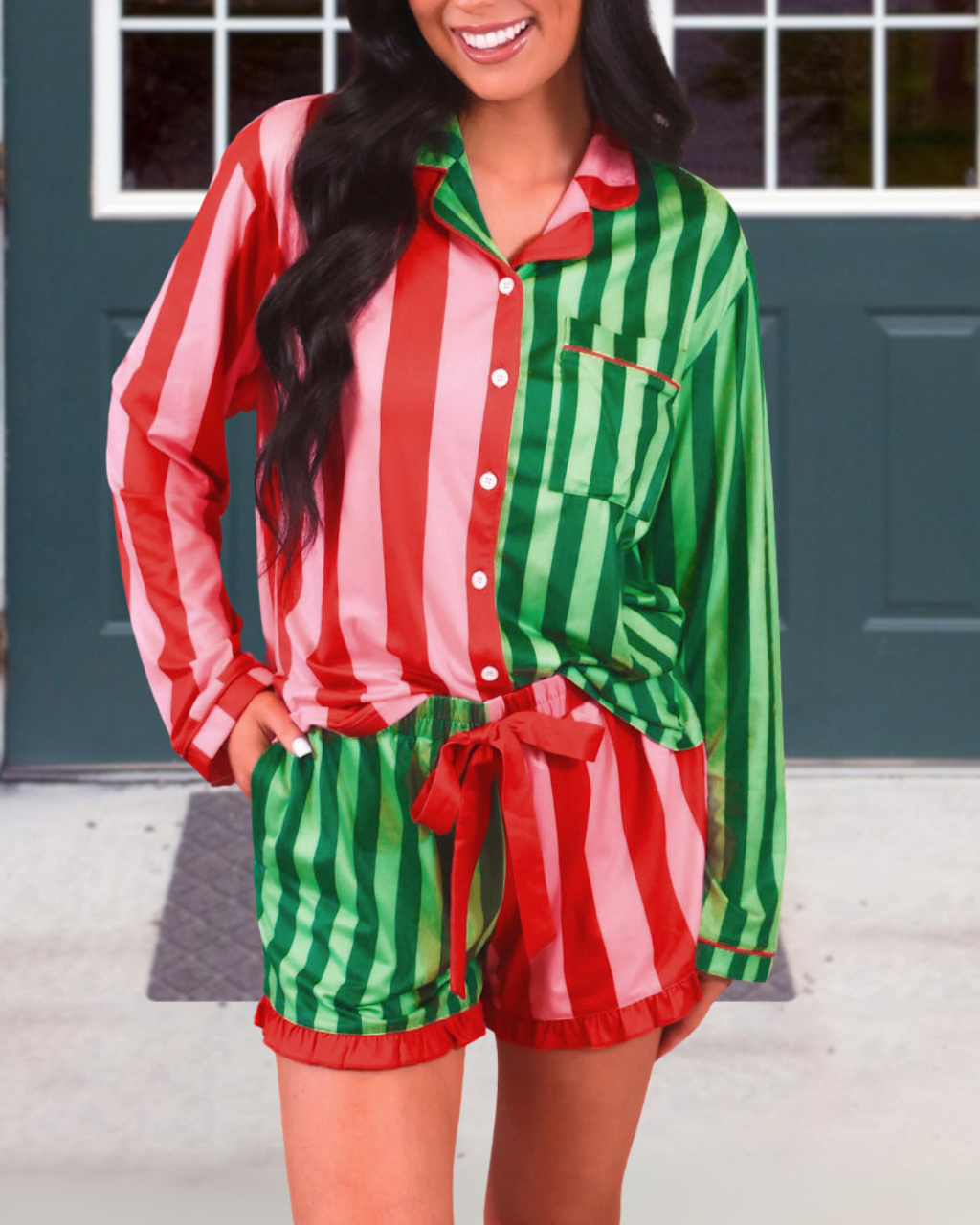 Christmas Striped Ruffled Satin Set