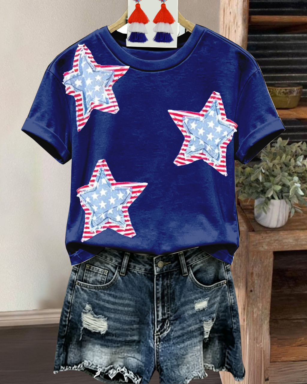 Striped Star Appliqué T-shirt