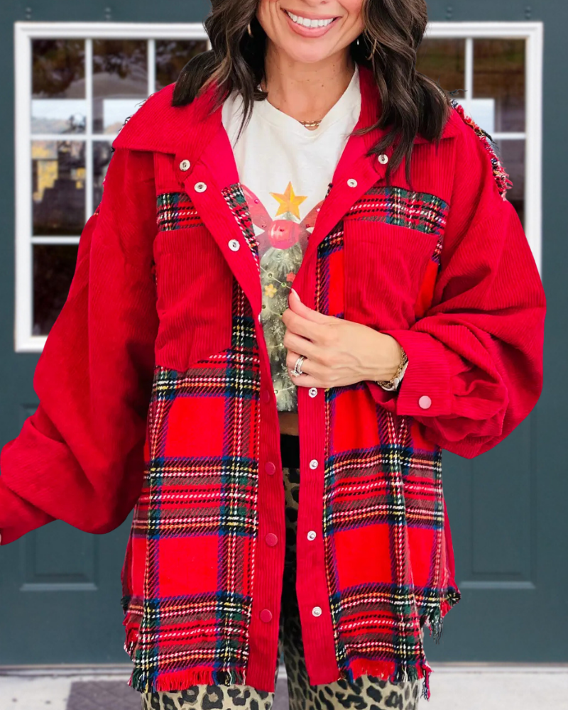 Christmas Themed Plaid Corduroy Jacket