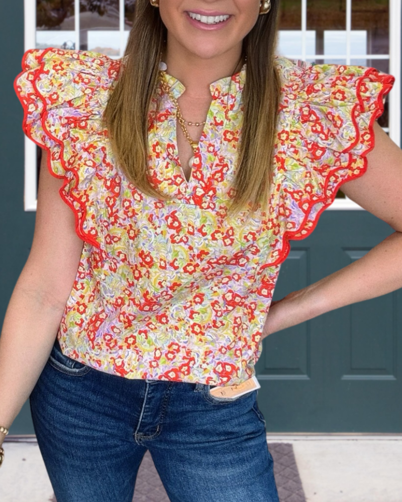 Vivid Ruffled Shoulder Floral Top