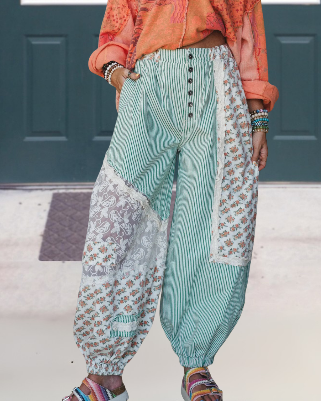 Floral Lace Patchwork Striped Pants