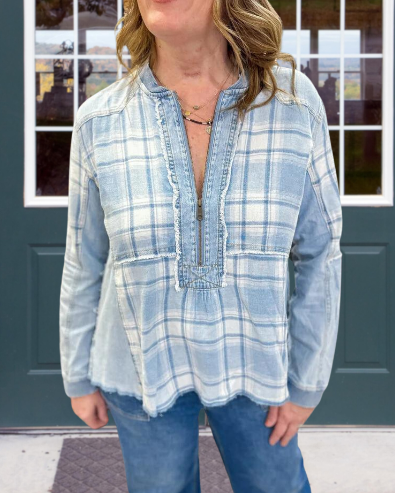 Plaid Raw Edge Washed Half Zip Top