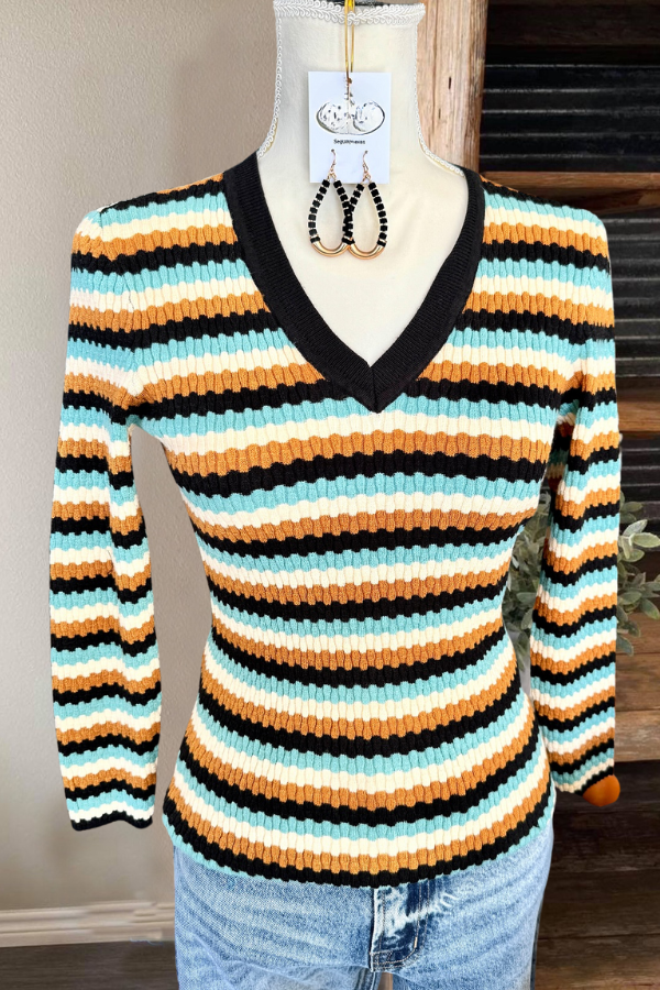 Colorblock Knitted Striped V-Neck Top