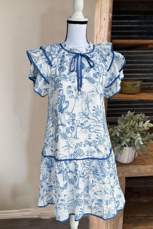 White & Blue Spring Print Flowing Mini Dress