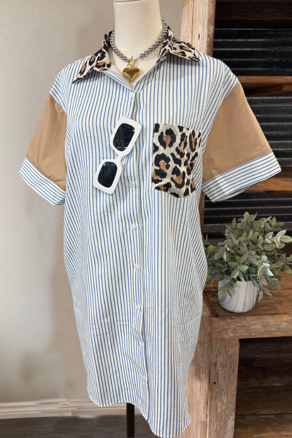 Trendy Leopard Stripe Shirt Dress