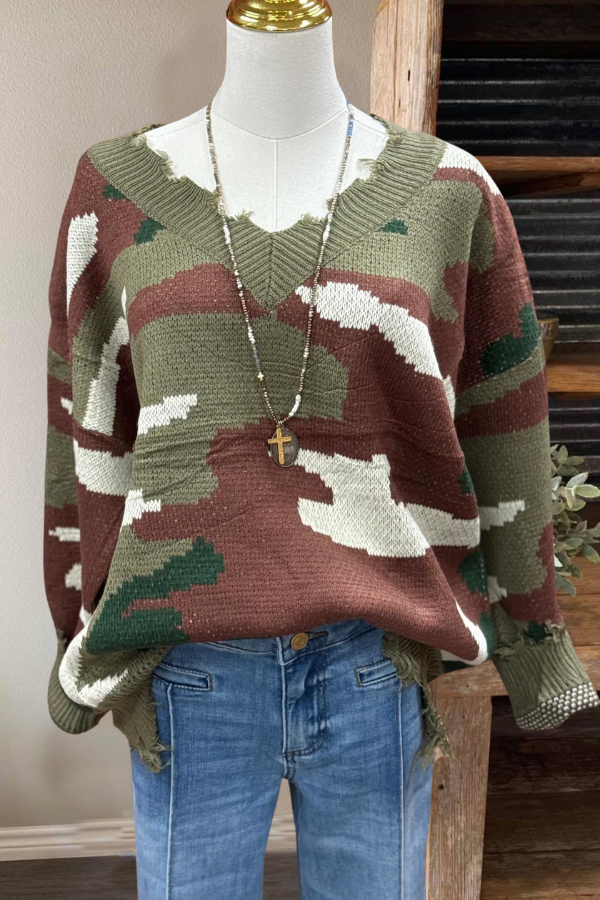 Distressed Camouflage  V-neck Sweater