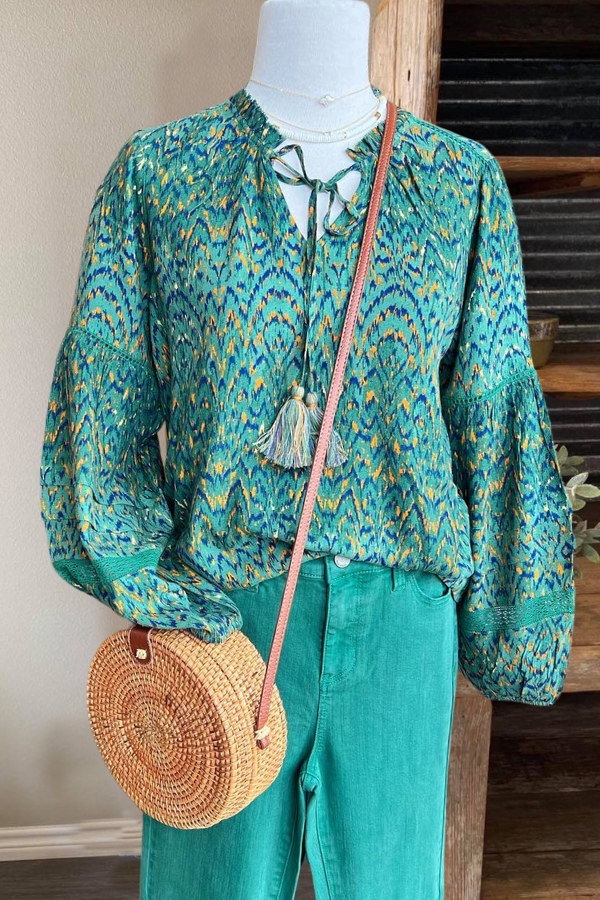 Popover Shirred Blouse-Green