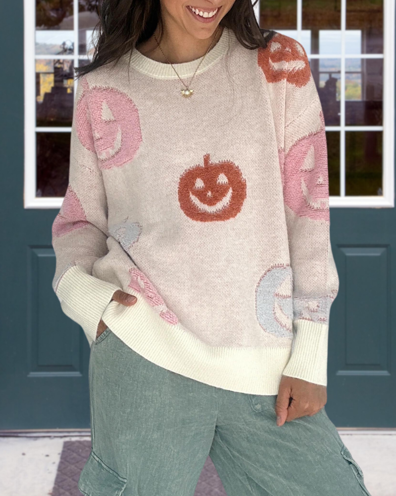 Pumpkin Embroidered Ribbed Trim Sweater