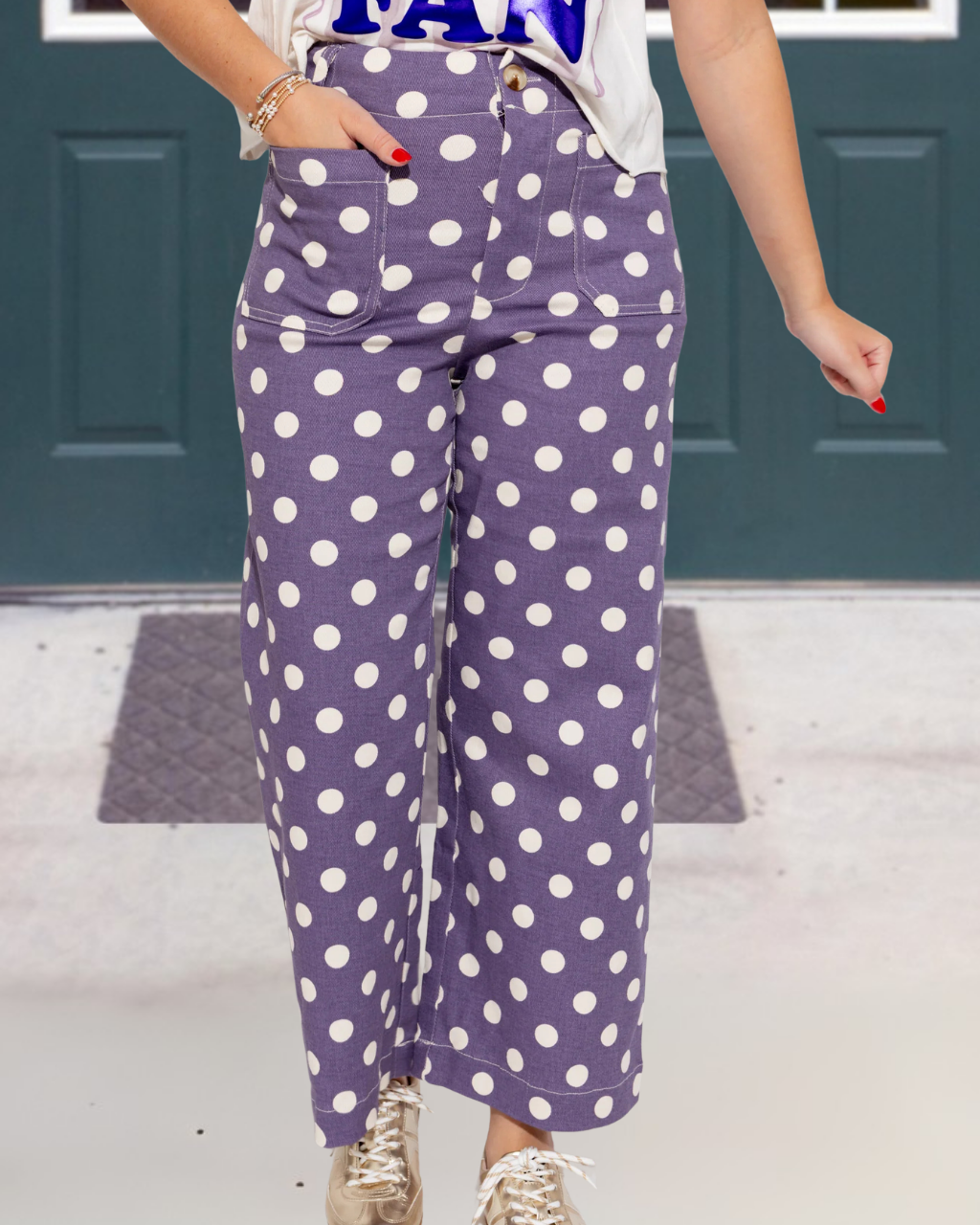 Polka Dot Print Denim Pants
