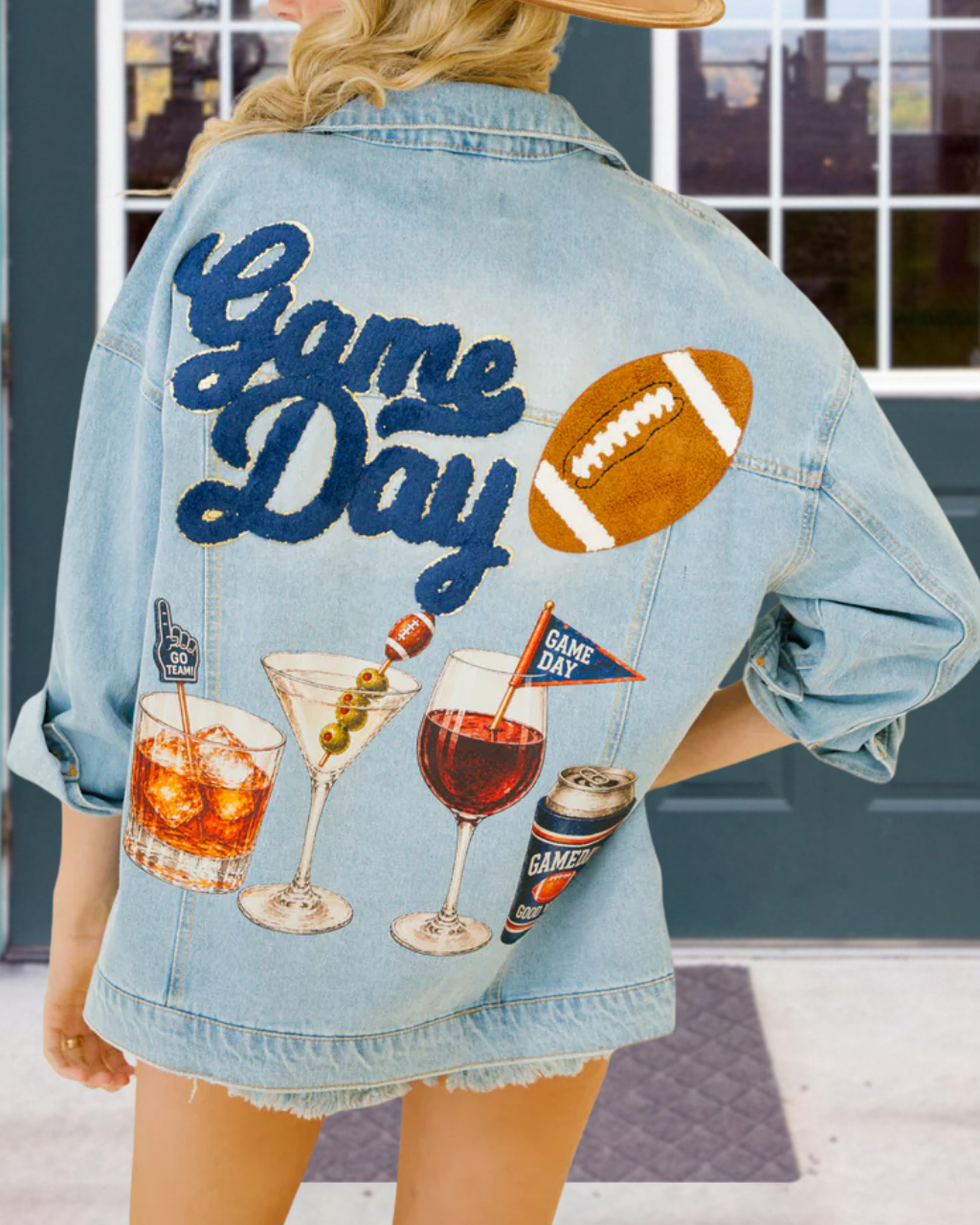 Game Day Embroidered Cocktail Print Denim Jacket