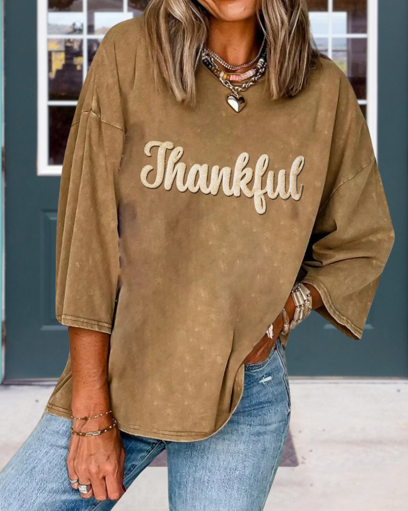 Thankful Print Washed Crewneck Top