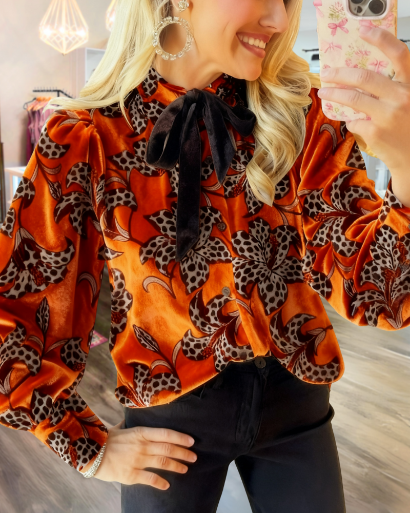 Retro Floral Velvet Bow Top
