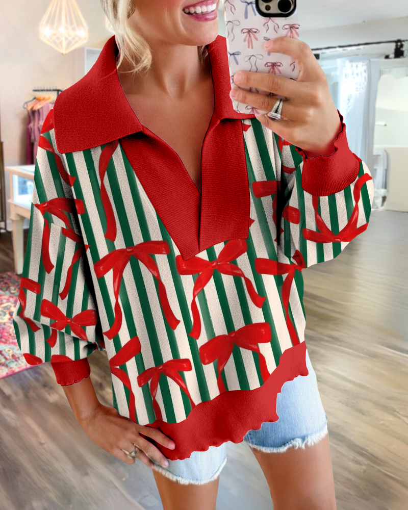 Christmas Bow Striped Pullover