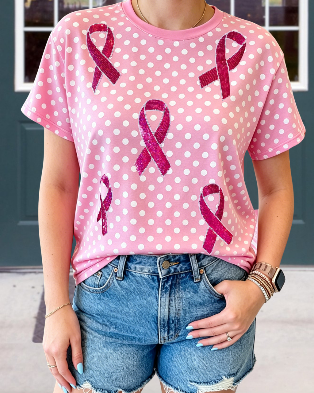 Sequin Polka Dot Ribbon Pattern T-shirt