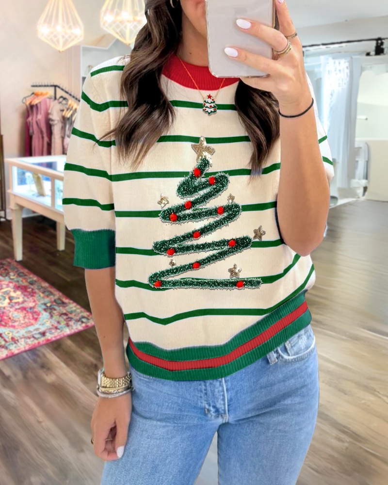 Christmas Tree Embroidered Striped Sweater