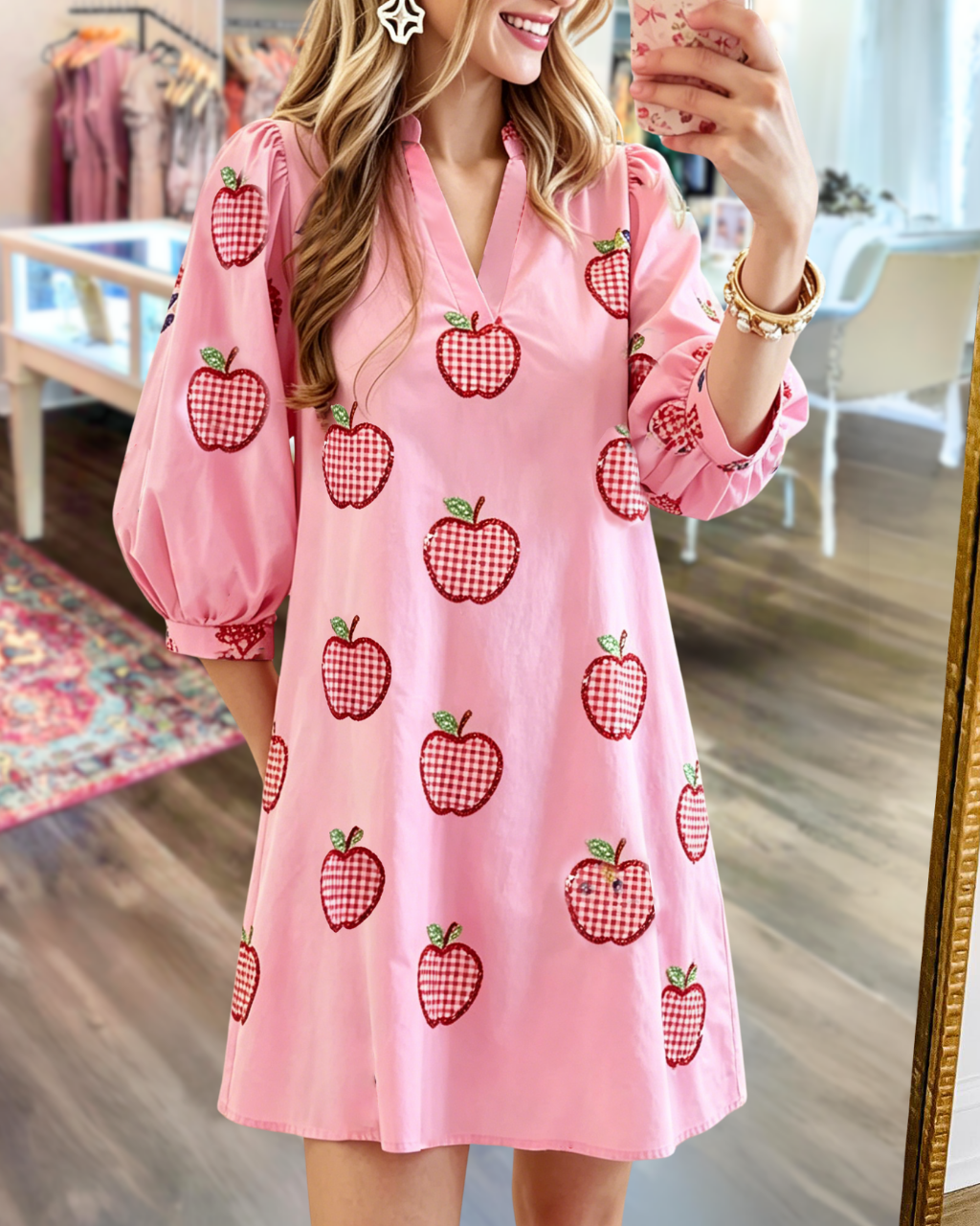 Plaid Apple Sequined V-neck Dress