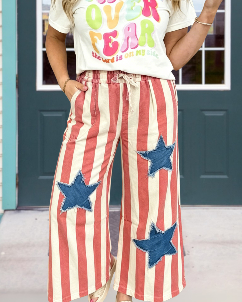 Star Patch Striped Wide-Leg Pants