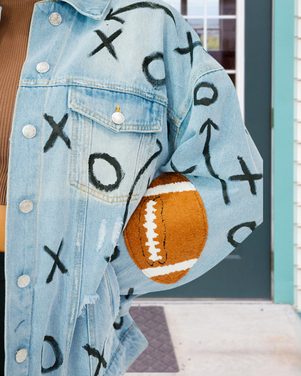 Football Embroidered Tactical Graffiti Print Denim Jacket