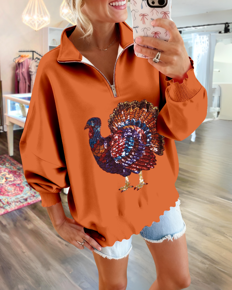 Trendy Turkey Print Half-Zip Pullover