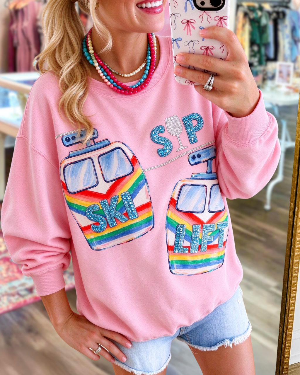 Ski Lift Wine Glass Print Pullover