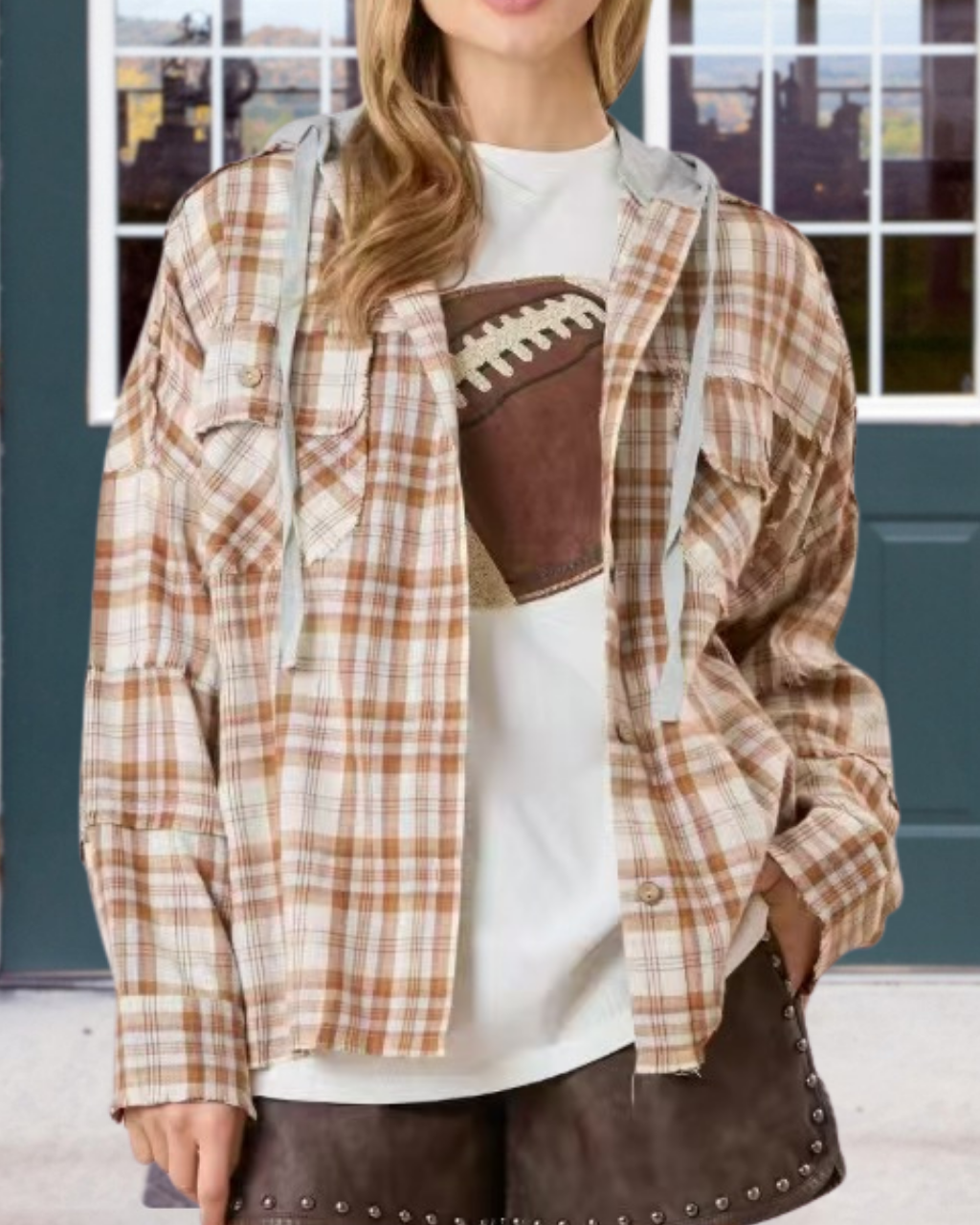 Touchdown Embroidered Plaid Hooded Jacket