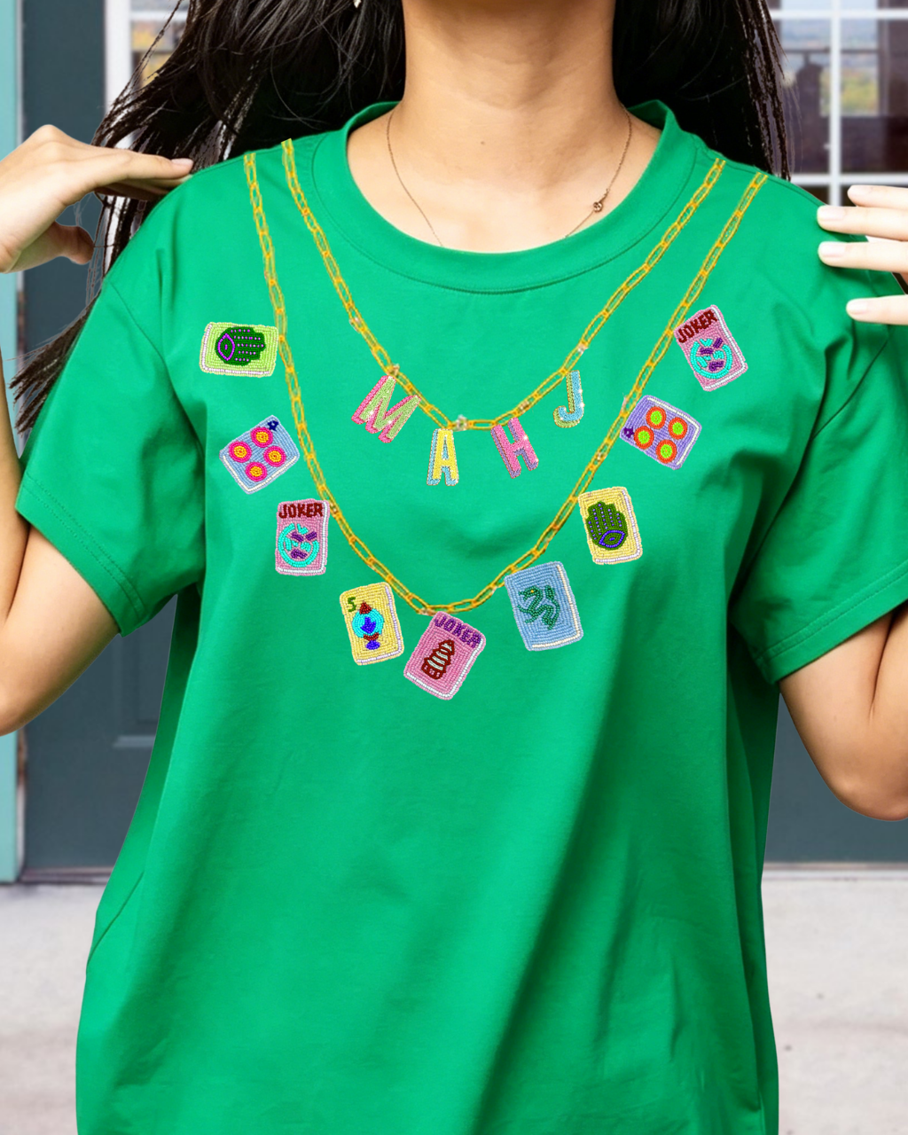 Mahjong Embroidered Necklace T-shirt