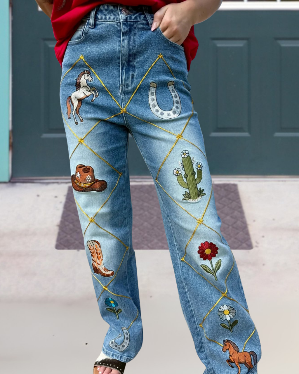 Western Cowboy Themed Printed Jeans