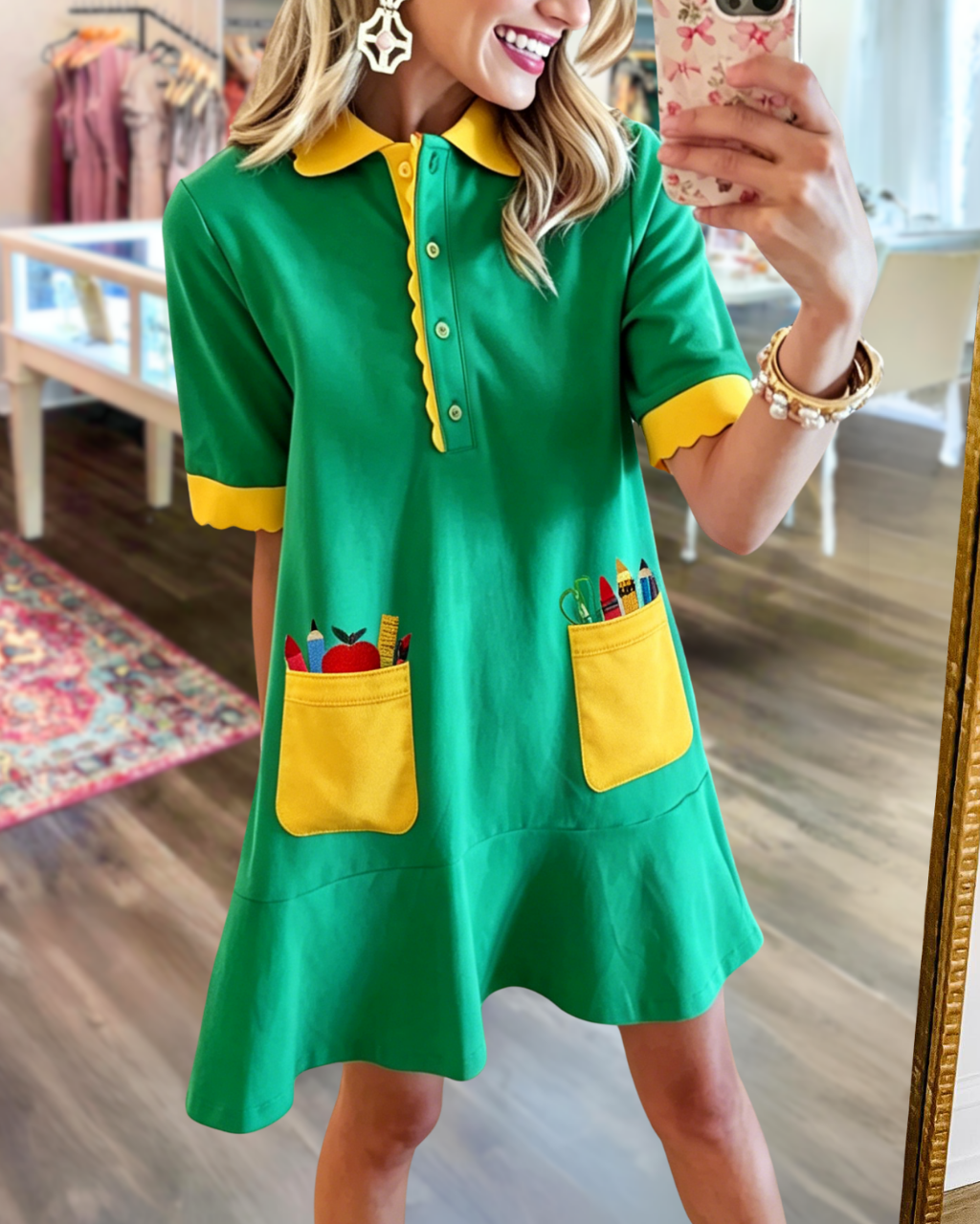 School Supplies Embroidered Colorblocked Dress