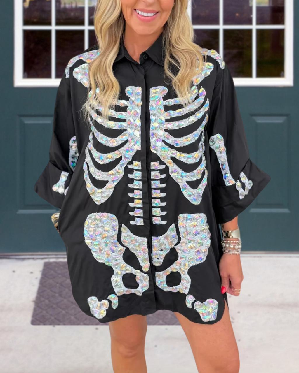 Skull Sequins Rhinestones Poplin Shirt Dress