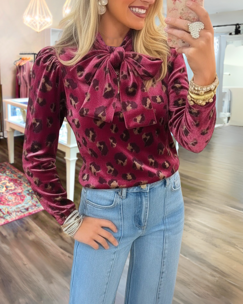 Leopard Bow Velvet Top