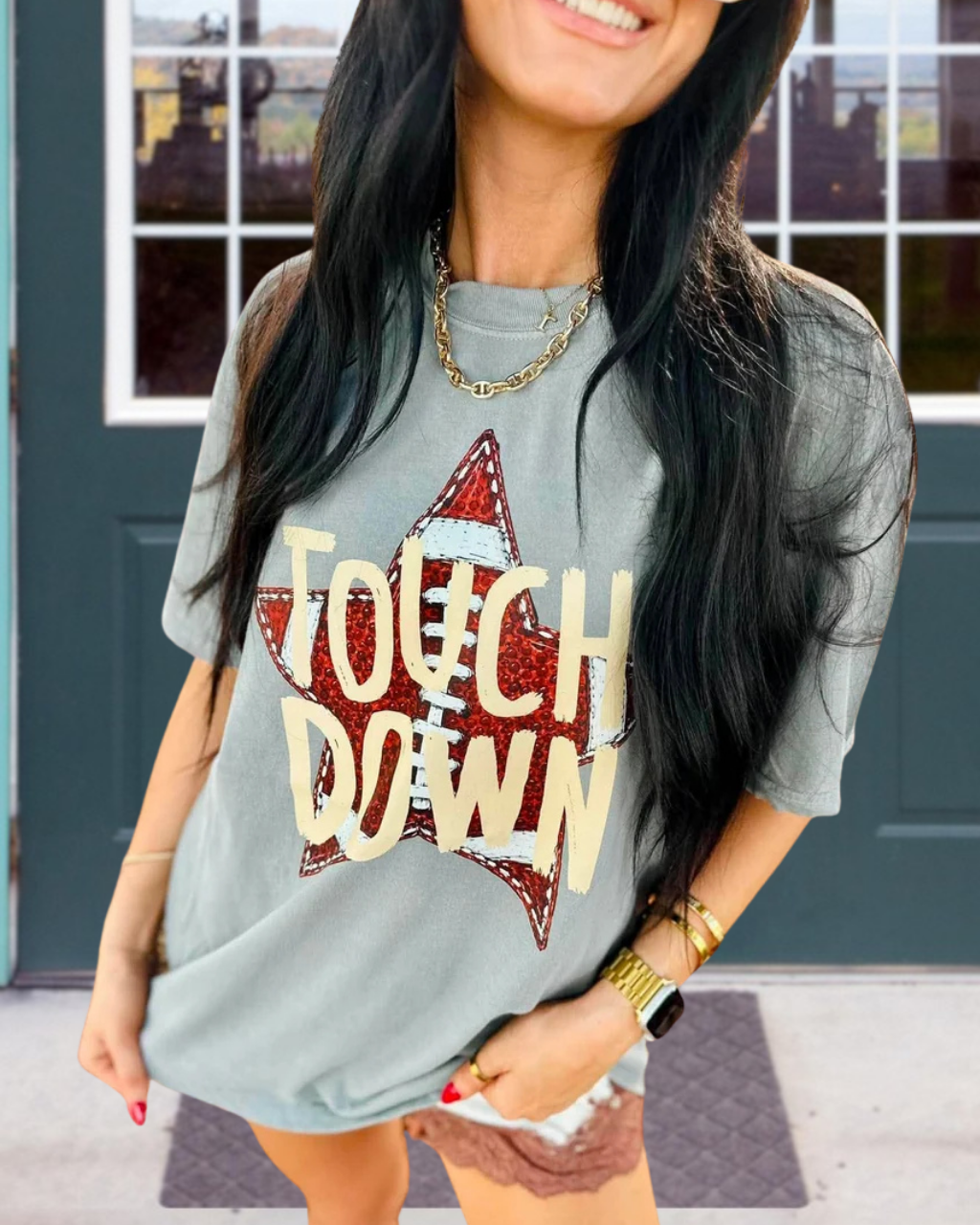 TOUCH DOWN Football Star Print T-Shirt