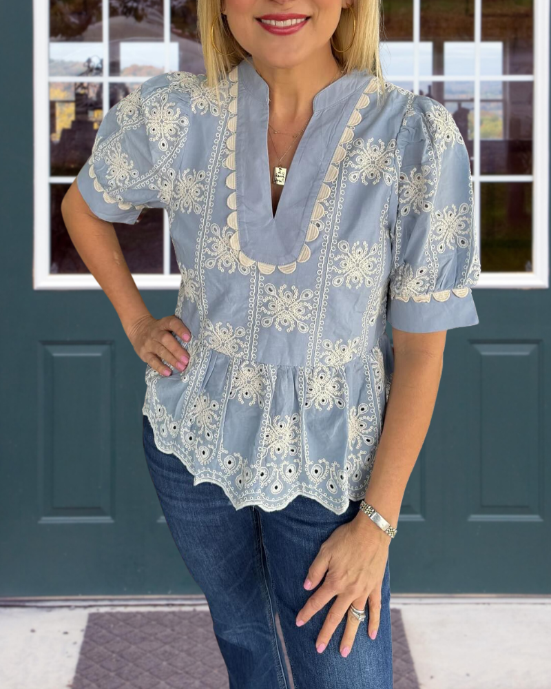 Delicate Floral Embroidery V-neck Top