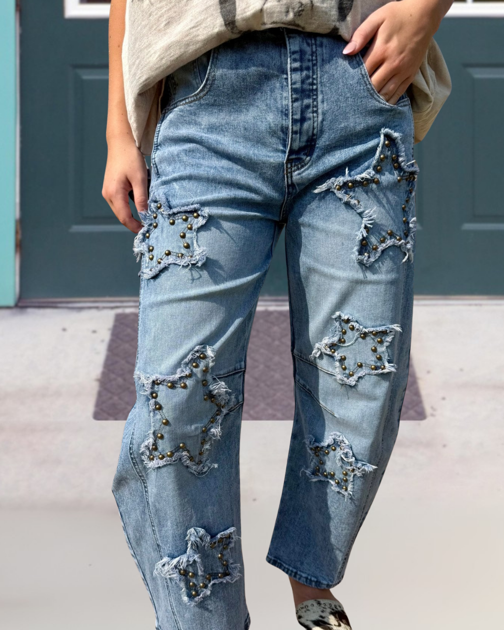 Star Stud Raw-edge Denim Pants