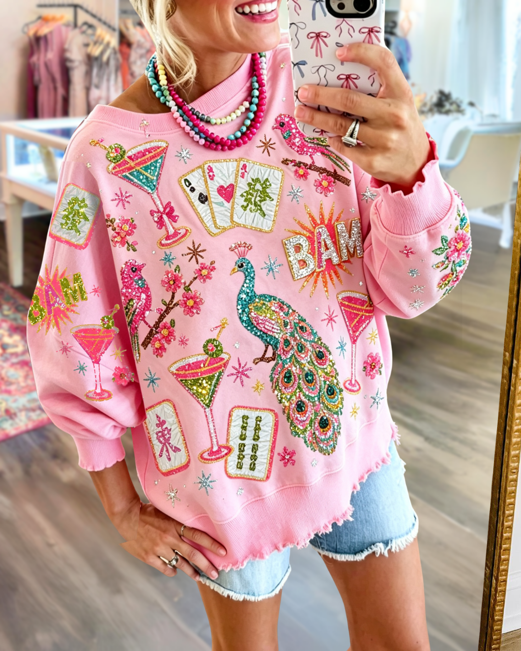 Mahjong Peacock Sequined Pullover