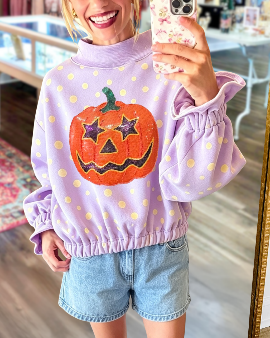 Polka Dot Sequined Star Pumpkin Pullover