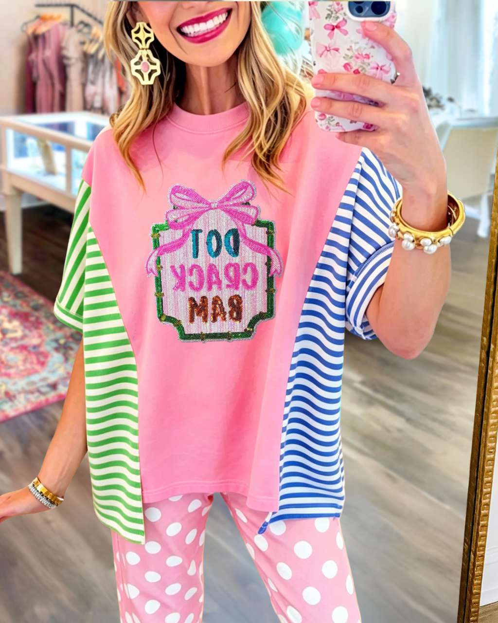 Dot Crack Bam Sequined Striped Top