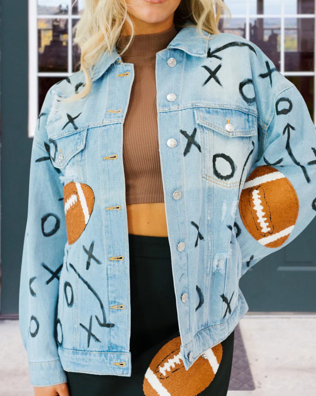 Football Embroidered Tactical Graffiti Print Denim Jacket